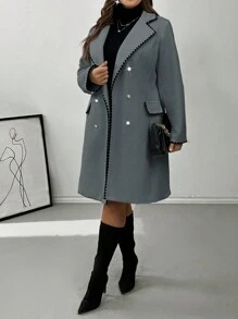 SHEIN Privé Plus Size Elegant Commuting School Windbreaker Collar Black & White Contrast Color Lined Woolen Mid-Length A-Line Jacket - Grey - View 6