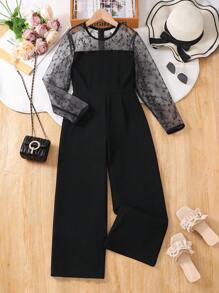 Tween Girl Lace Patchwork Round Neck Long Sleeve Casual Jumpsuit - Black - View 1