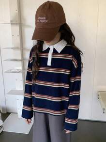 Dazy Kids Tween Girl Turndown Collar Color Block Striped Long Sleeve T-Shirt, Spring,Back To School Clothes - Navy Blue - View 4