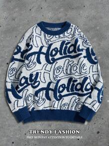 Manfinity Hypemode Men's Round Neck Long Sleeve Graphic Detail Casual Pullover Sweater - Multicolor - View 1