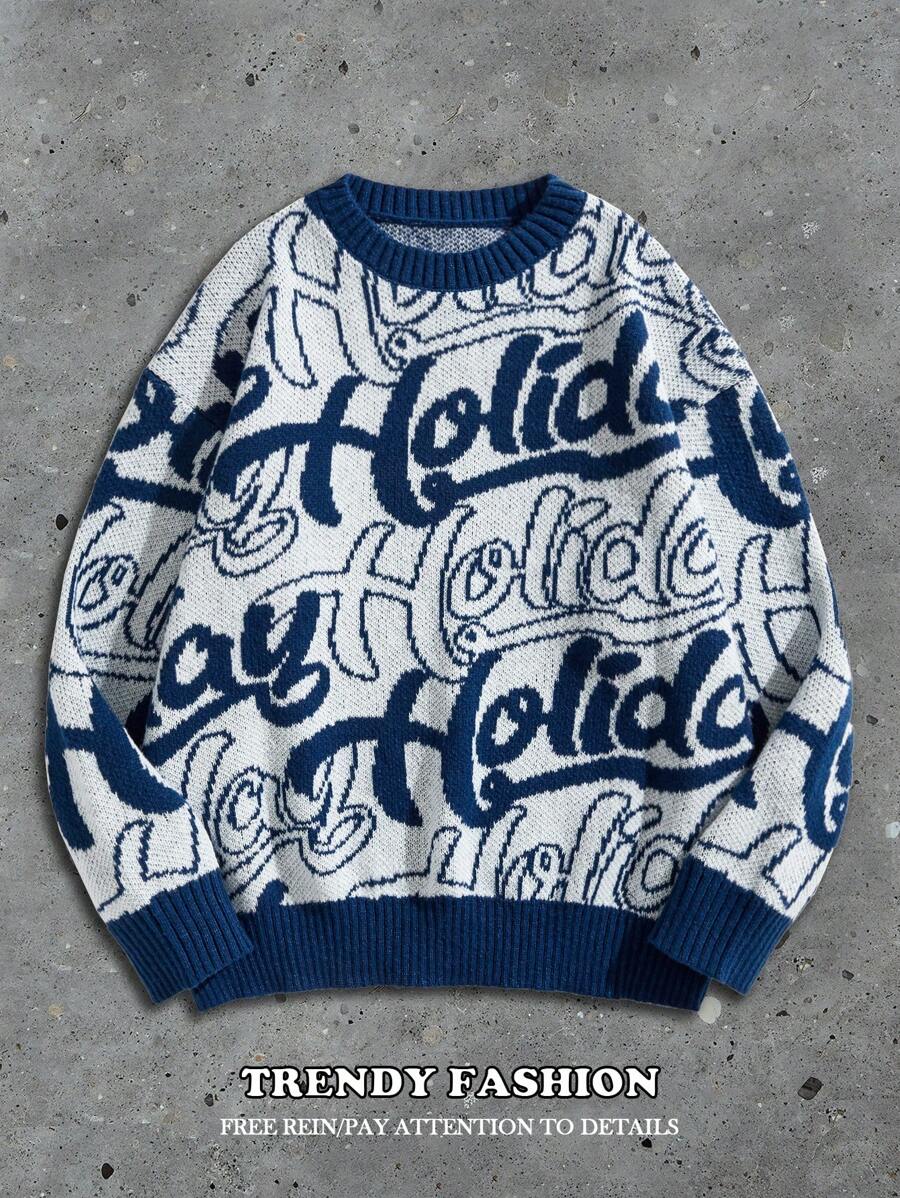 Manfinity Hypemode Men's Round Neck Long Sleeve Graphic Detail Casual Pullover Sweater - Multicolor - View 1