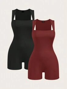 SHEIN BASICS 2 件套休闲纯色针织连体裤，可变形领口，无袖，女式 - 酒紅色 - 查看 1