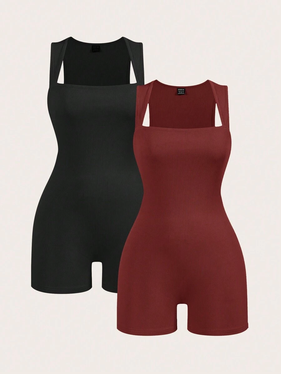 SHEIN BASICS 2 件套休闲纯色针织连体裤，可变形领口，无袖，女式 - 酒紅色 - 查看 1