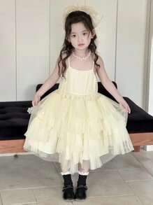DAZY 夏季女童无袖网纱公主蓬蓬裙 - 米色 - 查看 4