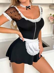 3 件套花朵网眼拉链围裙性感蕾丝拼布角色扮演服装套装 - 黑與白 - 查看 5