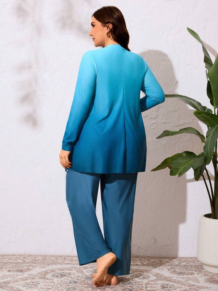 Swim Mulvari 2pcs Plus Size Women's Ombre Color Block Print Long Sleeve Round Neck Loose Modest Burkini Swimsuit Set, Casual Resort Wear SummerArabic Clothing - Blue - View 2