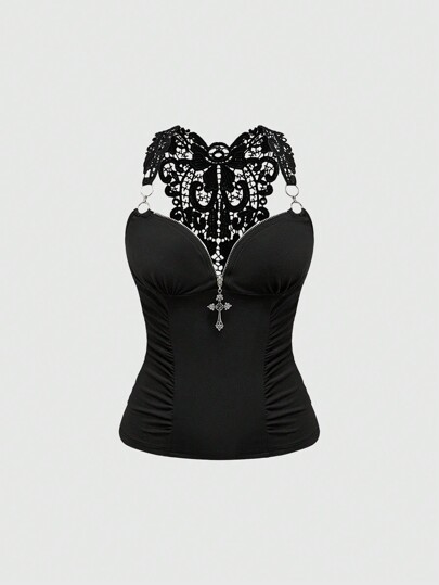 Goth Camisole dos nu avec patchwork de dentelle, col croisé, style vintage élégant Y2K