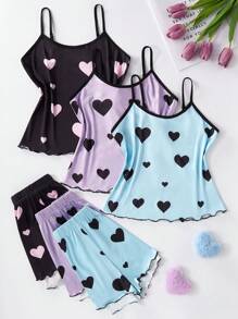 6 pièces/Set Pyjama Débardeur et Short Imprimé Cœur pour Adolescentes, Tenue Décontractée, Convient pour Toutes les Saisons