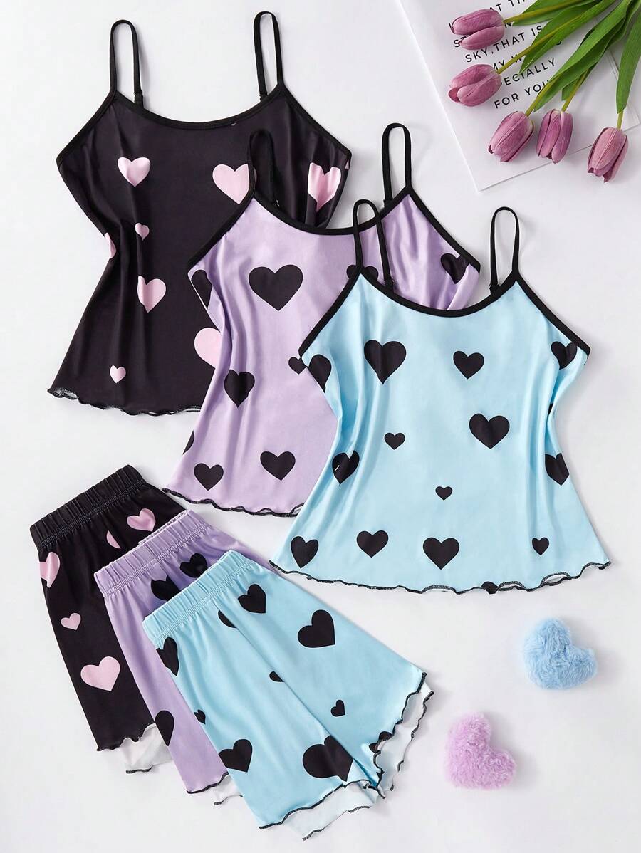 6 pièces/Set Pyjama Débardeur et Short Imprimé Cœur pour Adolescentes, Tenue Décontractée, Convient pour Toutes les Saisons