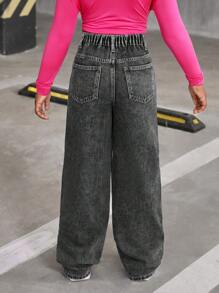 SHEIN Explorewe Quần ống loe đính đá trang trí cho bé gái tuổi teen, phong cách Y2K thời trang cho những buổi đi chơi thường ngày và đi dạo phố - màu đen - Xem 2