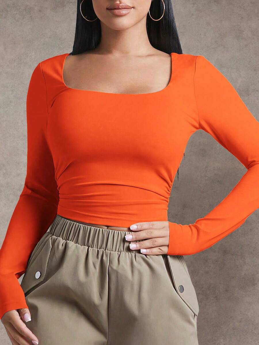 SHEIN BAE 女式純色方領長袖t卹 - 橘色 - 查看 1