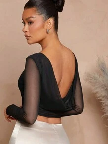 L'Amorae Summer Women Clothes, Sexy Crewneck Black Mesh Backless Top Simple Fashionable Daily Casual Solid Color, Women Tops, Crop Women Tops, Sexy Women Tops, Long Sleeve Top, Going Out Tops, Black Top For Date Night, Concerts, Performances, Daily, Parties, Music Festivals - Black - View 1