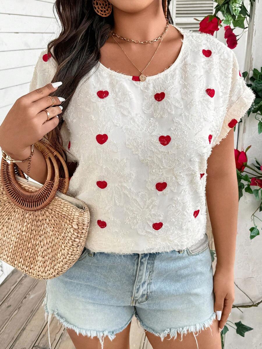 SHEIN LUNE Plus Size Solid Color Embroidered Texture Batwing Sleeve Long Casual Blouse, Suitable For Valentine's Day - Apricot - View 1