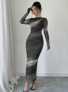 Firerie 1 件女士扎染印花长袖修身褶皱连衣裙，时尚 - 灰色 - 查看 4