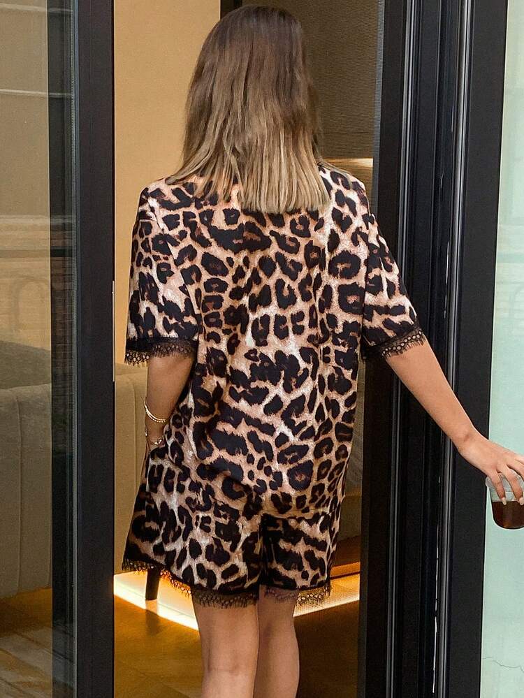 Leopard Print Lace Patchwork Short Sleeve Shorts Pajama Set