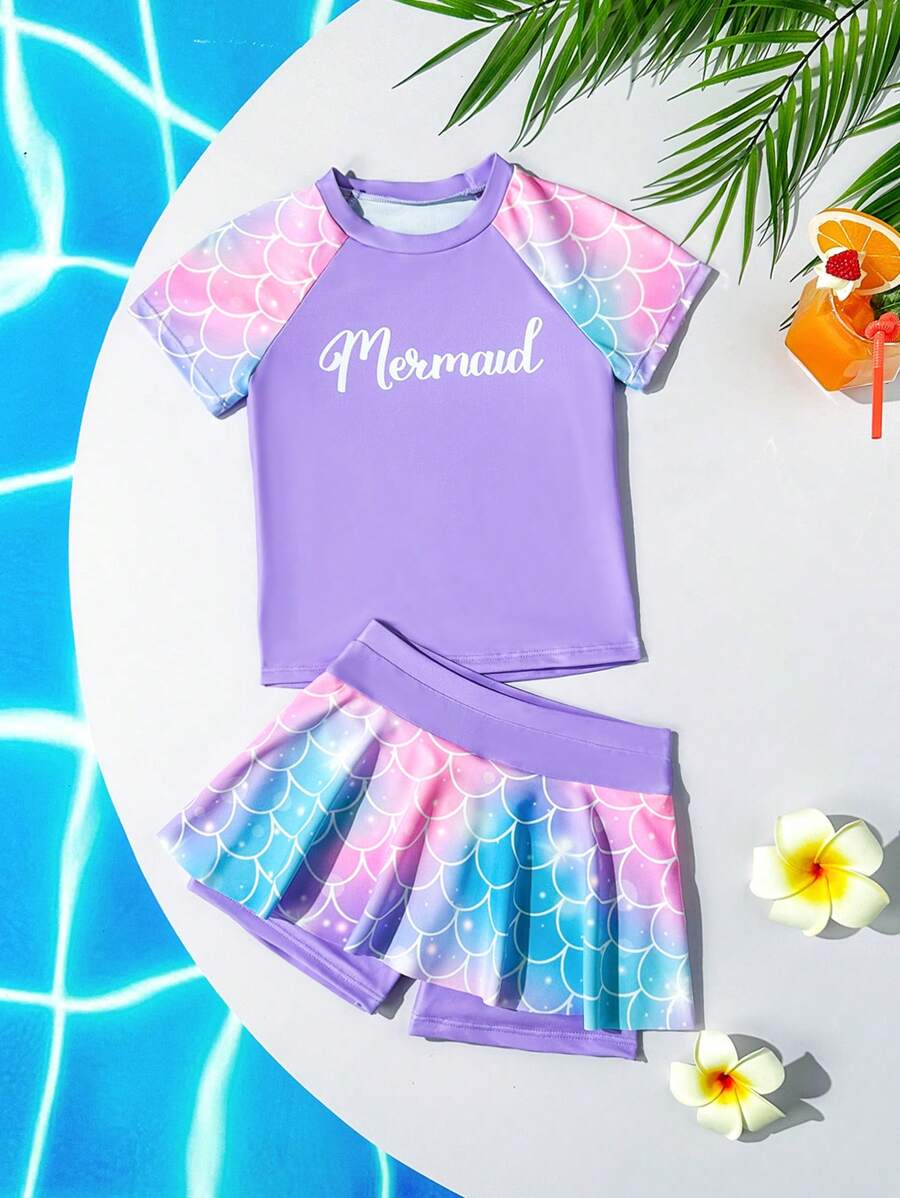 Sparklyn Đồ bơi Tankini hai mảnh cho bé gái, đồ bơi hai mảnh thiết kế nàng tiên cá có áo tay ngắn và quần ngắn - Nhiều màu - Xem 1