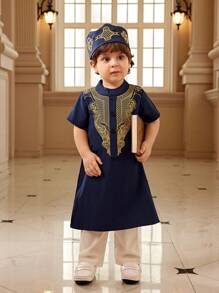 SHEIN 2 szt. Baby Boy Wiosna/Lato Jednolity Niebieski Modny Metaliczny Haft Top Z Czapką, Półotwarty Kołnierz Długi Styl, Nadaje Się Na Wyjścia, Wypoczynek W Domu I Eleganckie Przyjęcia, Strój Unisex Dla Malucha i Niemowlaka - Królewski Niebieski - Zobacz 6