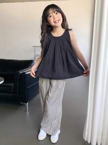 DAZY Conjunto de verano para niñas preadolescentes con 2 piezas: top de tirantes de cuello redondo + pantalón largo de tejido rayado