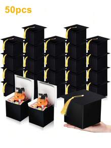 10/20/30/50pcs, Graduation Hat Candy Gift Box, Graduation Ceremony Party Sweet Cookie Chocolate Gift Box, Graduation Table Decorations With Gold Tassels, New Year Decor Valentine's Day, Valentines Wedding, Birthday - Black - View 4