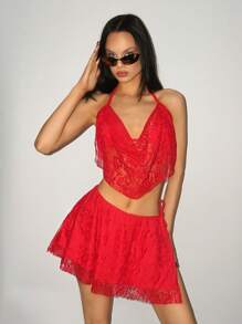 SHEIN ICON 2pcs/Set Lace Padded Bralette + Wrapped Slit Hem Skirt, Fitted - Red - View 4