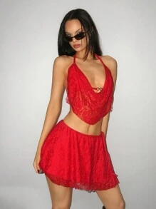 SHEIN ICON 2pcs/Set Lace Padded Bralette + Wrapped Slit Hem Skirt, Fitted - Red - View 5