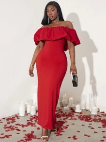 SHEIN SXY Vestido maxi con hombros descubiertos y ajustado para mujer talla grande, nuevo para primavera y verano, con tema de San Valentín en rojo, ideal para bailes, citas, cumpleaños, despedidas de soltera. Es lindo, casual, para ir de compras, salir, y fácil de combinar. Resalta la figura y la estiliza.