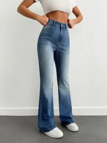 SHEIN Cottnline Casual High Waist Skinny Flared Washed Denim Jeans - Medium Wash - View 5