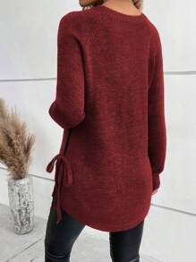 SHEIN LUNE Raglan Sleeve Knot Side Jumper - Burgundy - View 2