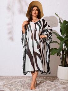 Swim Lushoire Vestido tipo túnica de playa con cuello en V, estilo suelto y fluido, con estampado tie-dye y flecos, talla grande / Vestido túnica de talla grande para cubrir traje de baño en verano - Blanco y Negro - Ver 4