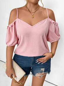 SHEIN LUNE Plus Size Elegant Ruffle Ruffled Trim Fashionable Flattering V-Neck Blouse