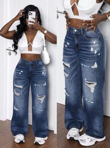 SHEIN Slayr Women Casual Distressed Straight Leg Jeans - Blue - View 1