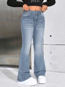 SHEIN SLAYR KIDS Tween Girls Y2K Fashion Casual Flare Leg Jeans Star Pattern With Rhinestones, Girls Fall Clothes Back To School Outfits - Medium Wash - View 2