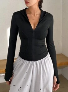 DAZY 女士拉链长袖夹克，简约时尚休闲日常穿着，返校服装 - 黑色 - 查看 1