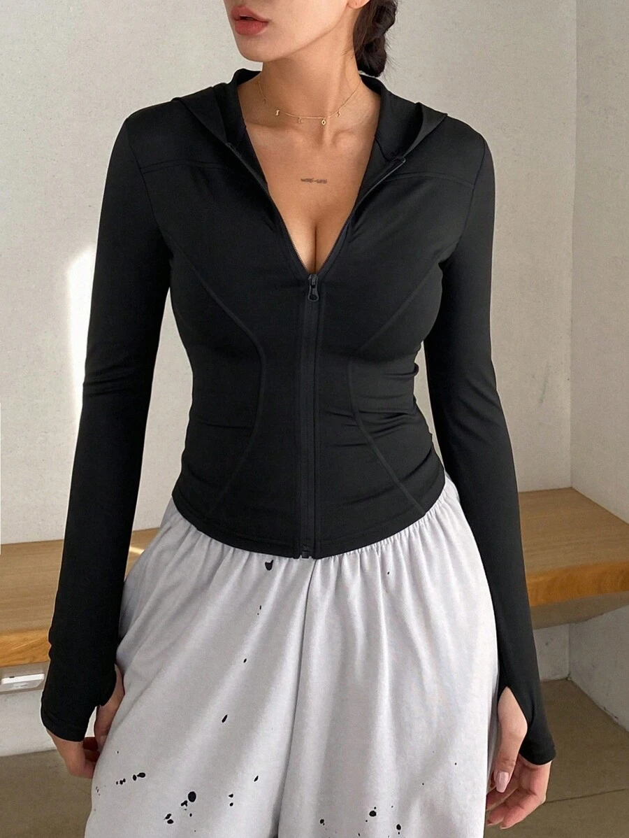 DAZY 女士拉链长袖夹克，简约时尚休闲日常穿着，返校服装 - 黑色 - 查看 1