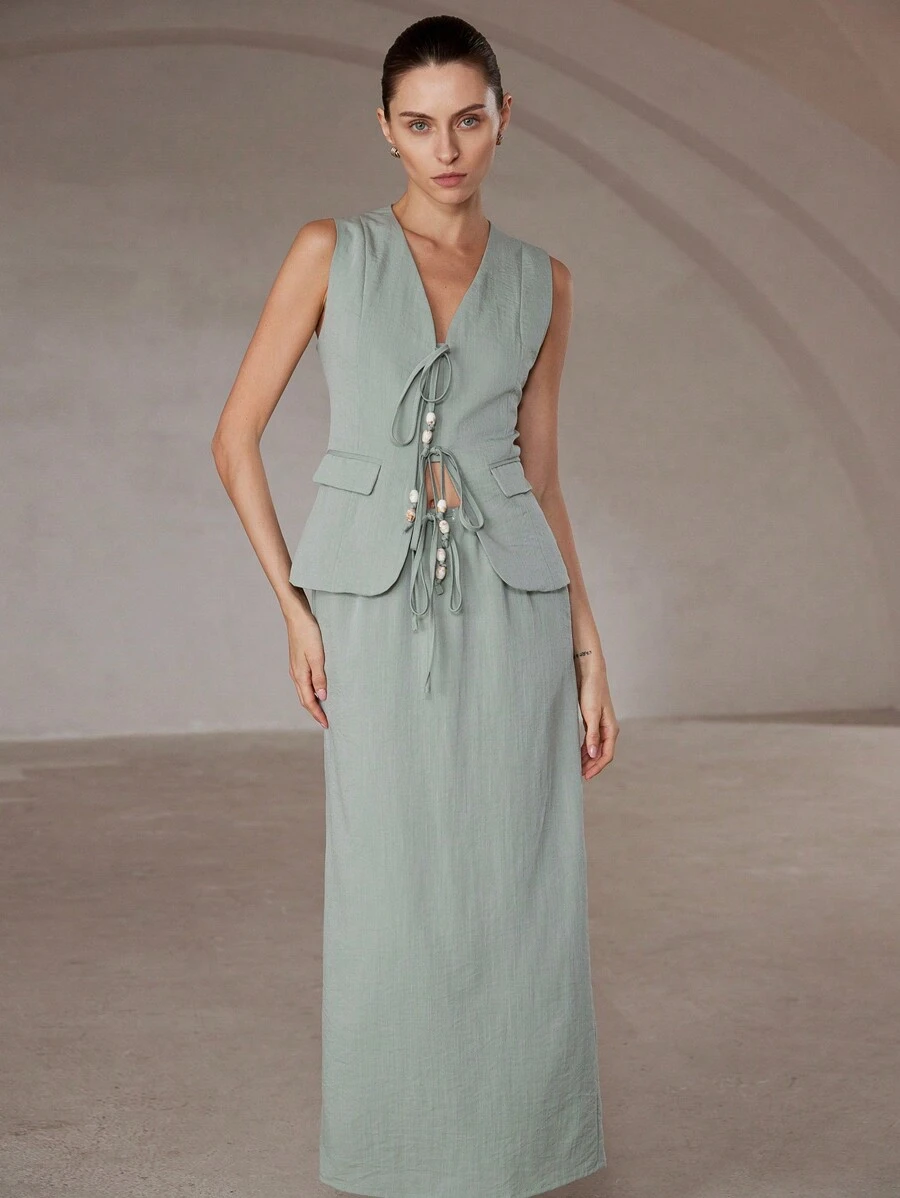 SHEIN Privé 2 件套女士南法风格仿亚麻纹理无袖上衣，带串珠装饰和长直筒裙 - 綠色 - 查看 1