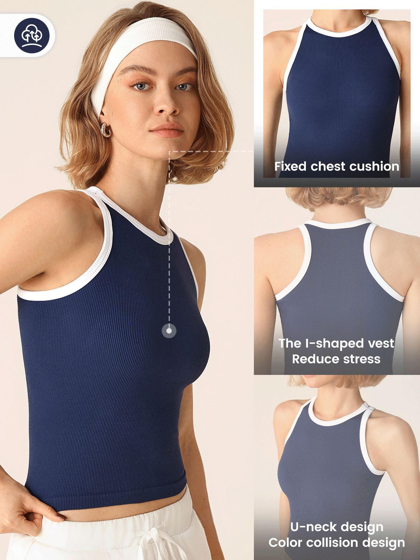 Lifespree Top deportivo de yoga sin costuras, de color liso y parches, de alta elasticidad para mujeres - Azul Marino - Añade 3