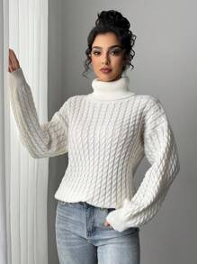 Firerie Elegant Casual Warm Beige High Neck Cable Knit Sweater, Autumn/Winter New Style