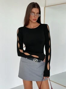 Siren Gaze Blusa de mujer de unicolor, cuello redondo, manga larga, con diseño hueco, sencilla y casual, para uso diario