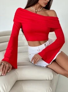 SHEIN Essnce Women's Solid Color Off-Shoulder Long Sleeve Simple Casual Top - Red - View 1