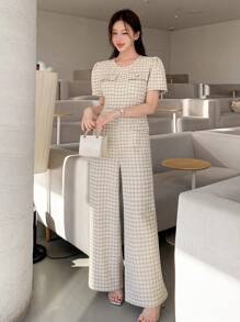 DAZY Combinaison-pantalon élégante à manches bouffantes, décor de poche et jambes larges pour femmes
