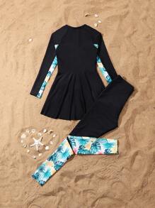 SHEIN 2pcs/Set Teen Girl Spaghetti Strap Tankini Swimwear, Floral Print Long Sleeve Top & High Waist Bottom, Swimwear Set - Multicolor - View 7