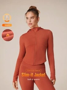 GLOWMODE Chill Flex 抓绒保暖塑身修身弧形下摆短款连帽上衣夹克日常休闲 - 黏土紅 - 查看 1