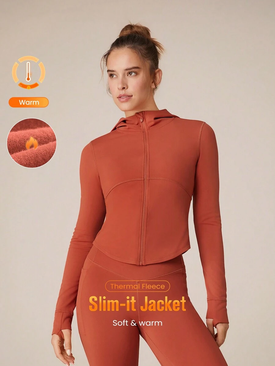 GLOWMODE Chill Flex 抓绒保暖塑身修身弧形下摆短款连帽上衣夹克日常休闲 - 黏土紅 - 查看 1