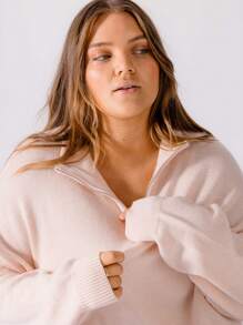SHEIN Aralina-E Cozy Curve Relaxed Fit Pale Pink Quarter-Zip Collar Cropped Sweater - Baby Pink - View 3