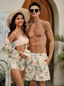 Manfinity Swimmode Boyfriend Men's Beach Shorts Drawstring Waist Front Tie Pocket Multicolor Botanical Print Beach Vacation Hawaiian, Matching Swimwear For Couples Shorts, Beachwear Matching Couple, Men Swim Trunks Couple, Hawaii Shorts For Fashion Couple - Multicolor - View 3