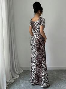 Rafferiza Crew Neck Backless Fitted Leopard Print Long Dress For Women - Brown - View 2