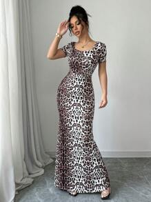 Rafferiza Crew Neck Backless Fitted Leopard Print Long Dress For Women - Brown - View 5