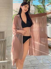 DAZY Áo sơ mi nữ trơn màu tối giản trong suốt, thường ngày ngày lễ, cho kỳ nghỉ hè ở bãi biển - Màu tím - Xem 5