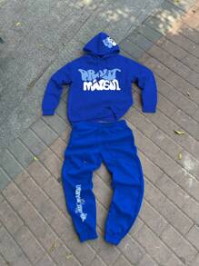 Manfinity EMRG 2pcs Men's Autumn Winter Letter Printed Drawstring Thermal Lined Hoodie And Sweatpants Casual Tracksuit