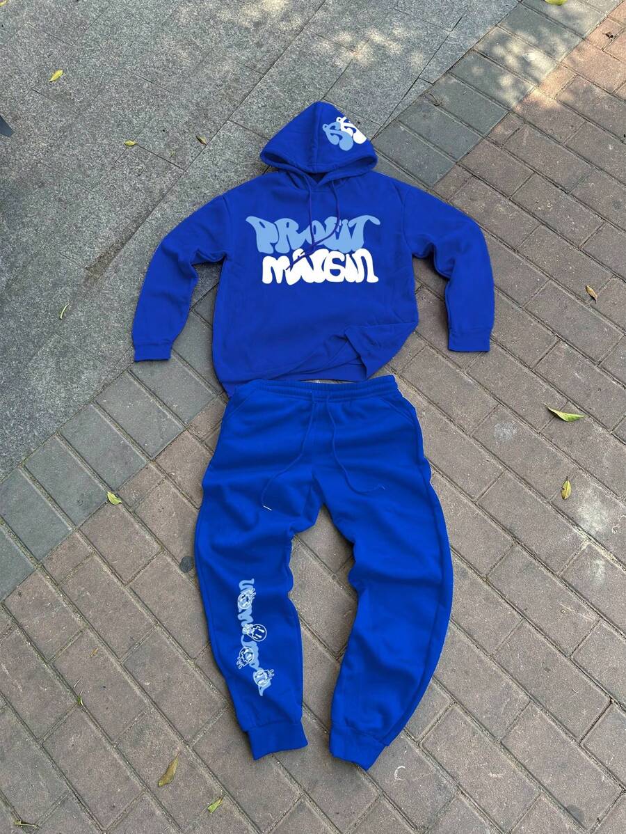 Manfinity EMRG 2pcs Men's Autumn Winter Letter Printed Drawstring Thermal Lined Hoodie And Sweatpants Casual Tracksuit